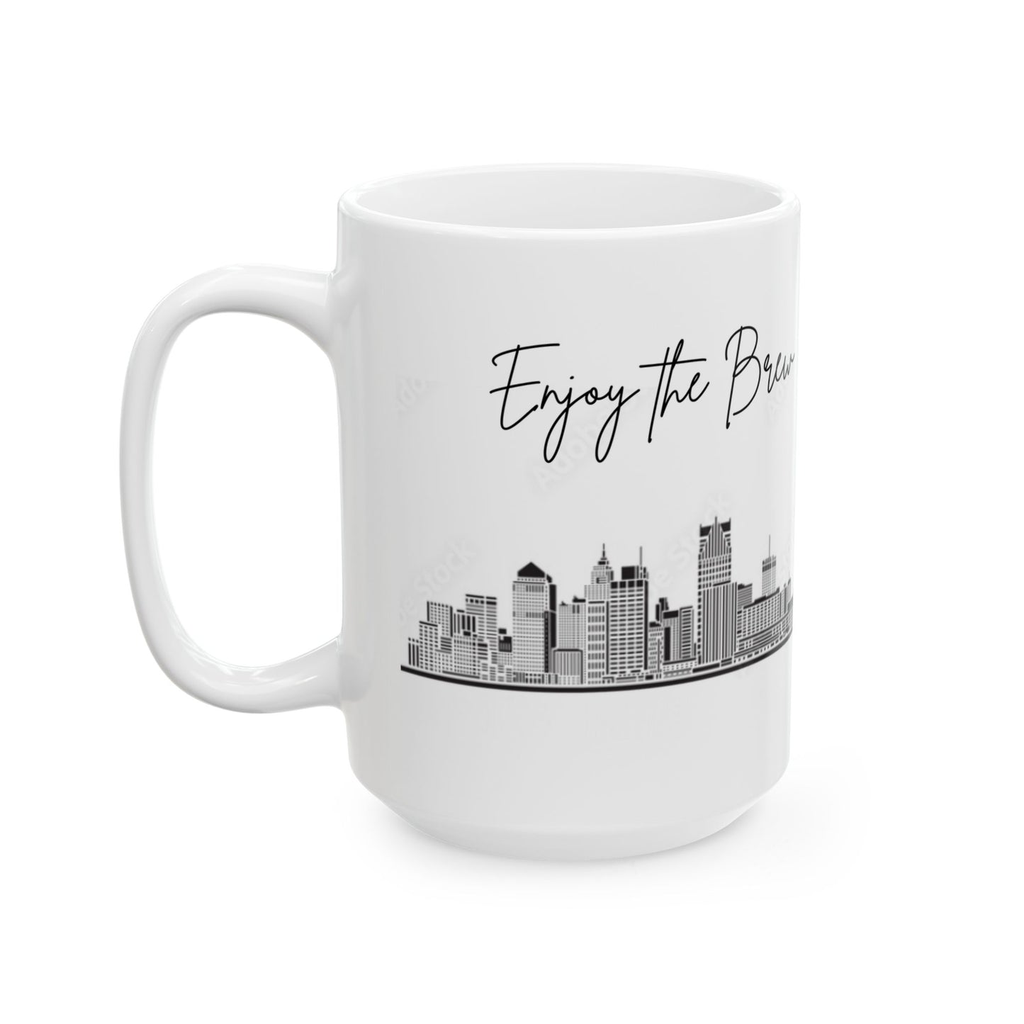 DETROIT MI skyLINE - ENJOY THE BREW -  Ceramic Mug - 11oz & 15oz Coffee Cup for Skyline Lovers